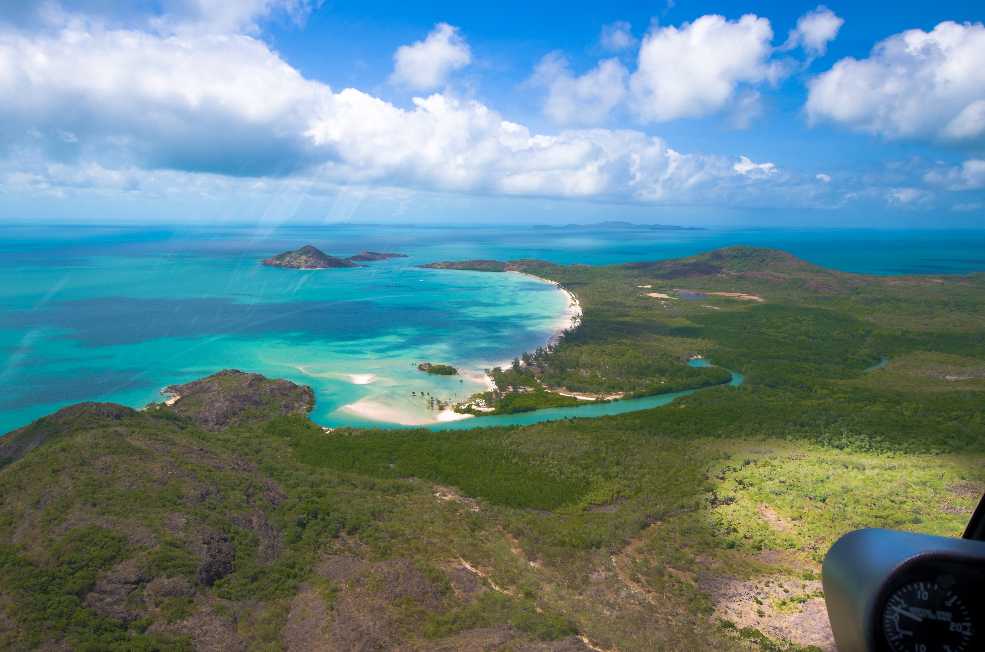 Flying over Cape York in helicopter